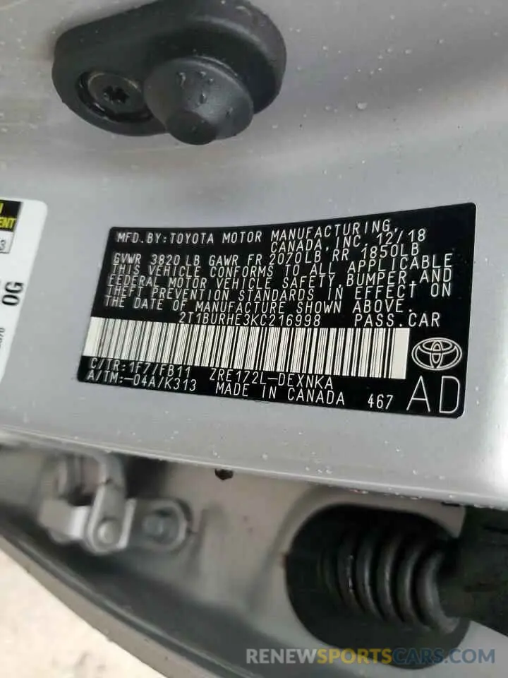 13 Photograph of a damaged car 2T1BURHE3KC216998 TOYOTA COROLLA 2019