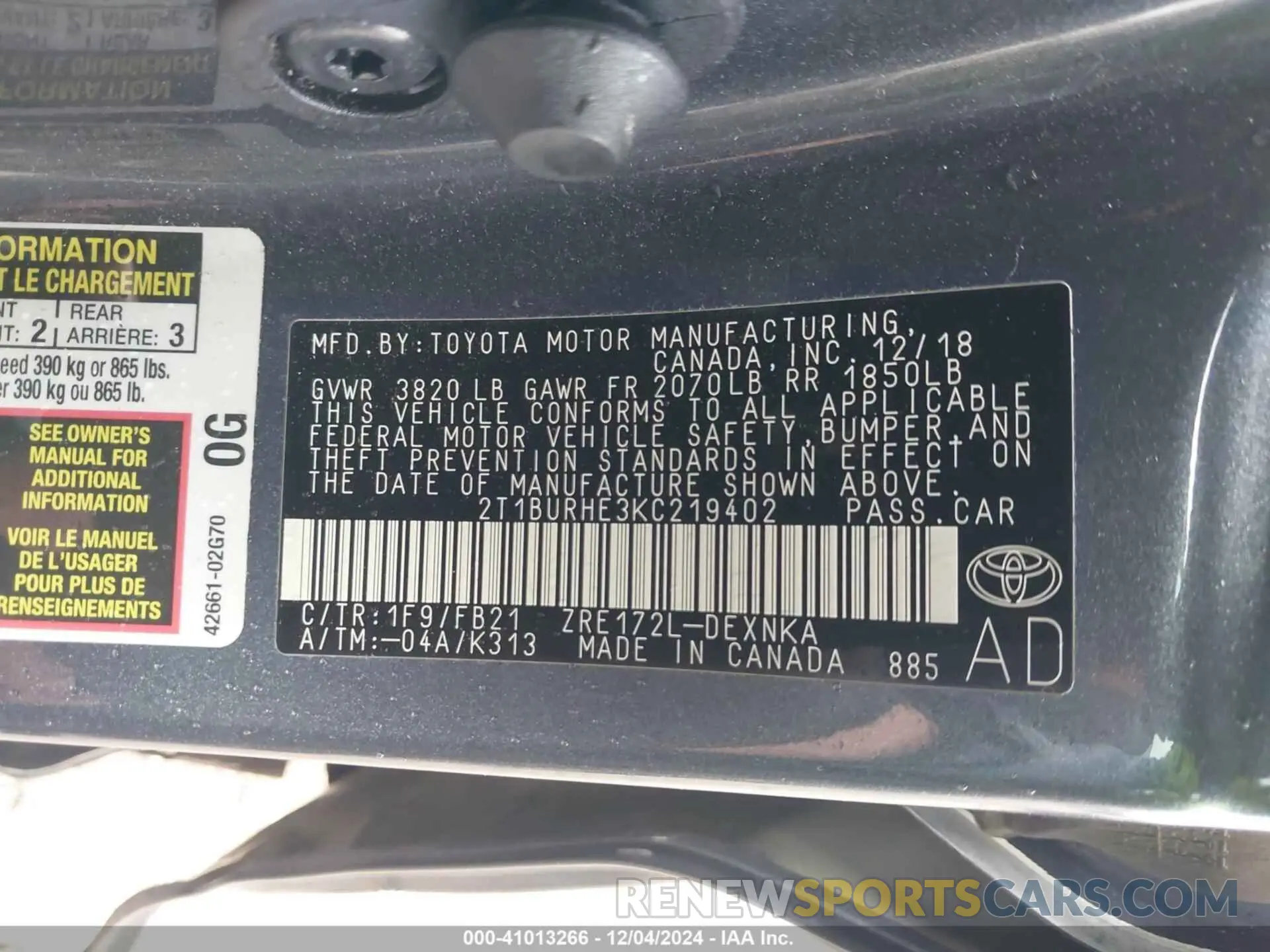 9 Photograph of a damaged car 2T1BURHE3KC219402 TOYOTA COROLLA 2019