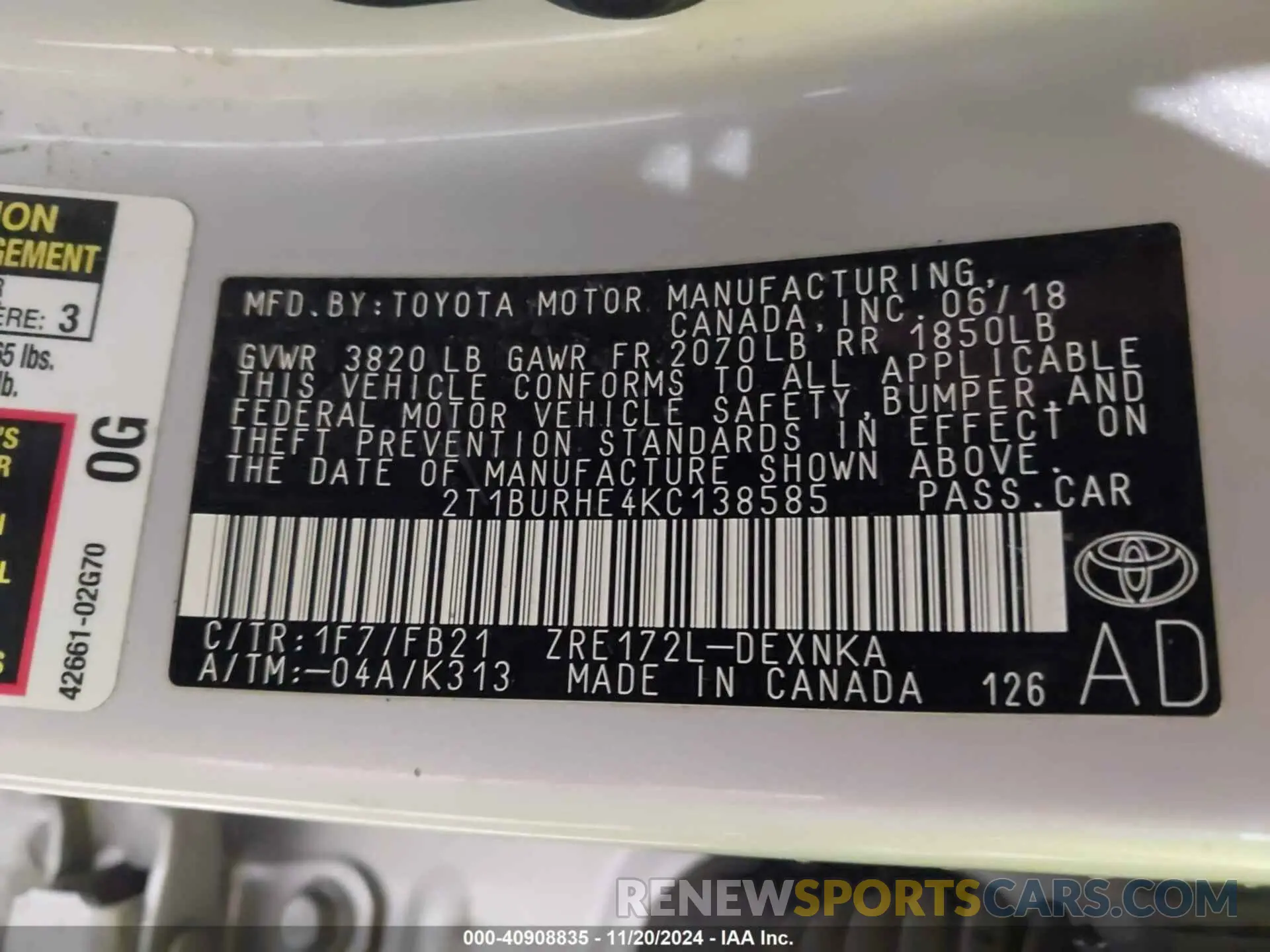 9 Photograph of a damaged car 2T1BURHE4KC138585 TOYOTA COROLLA 2019