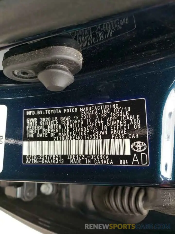 10 Photograph of a damaged car 2T1BURHE4KC142331 TOYOTA COROLLA 2019
