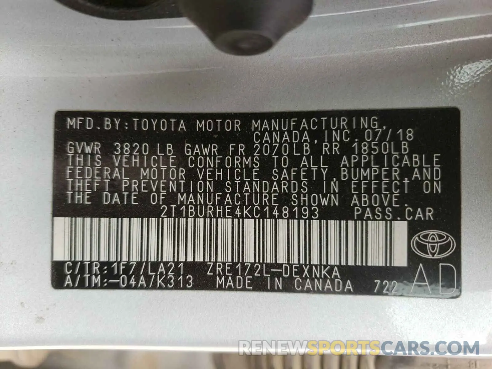 10 Photograph of a damaged car 2T1BURHE4KC148193 TOYOTA COROLLA 2019