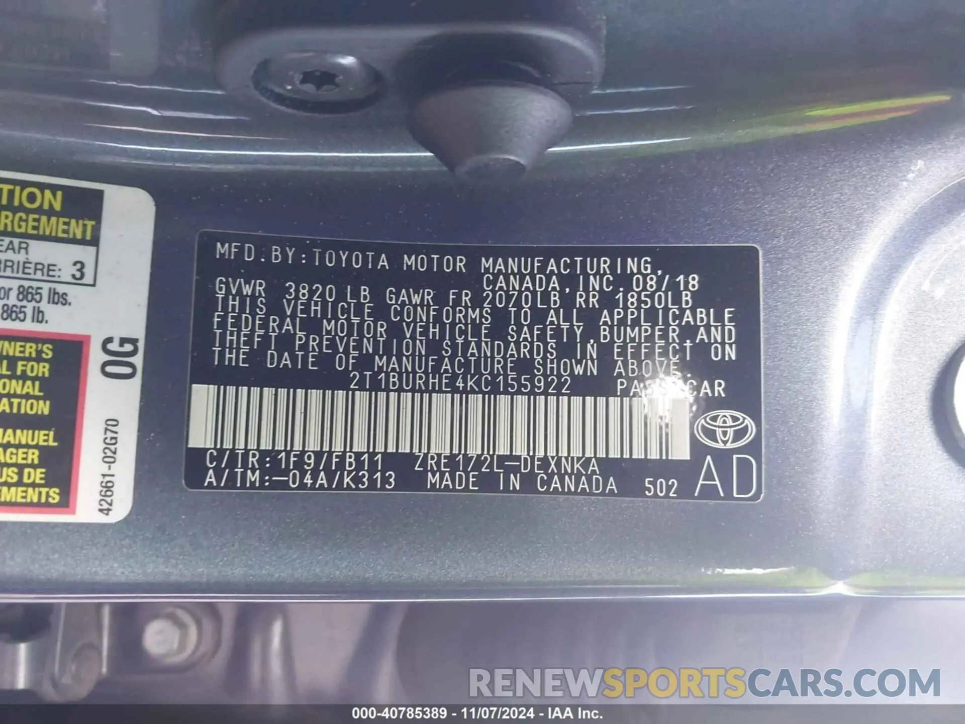 9 Photograph of a damaged car 2T1BURHE4KC155922 TOYOTA COROLLA 2019