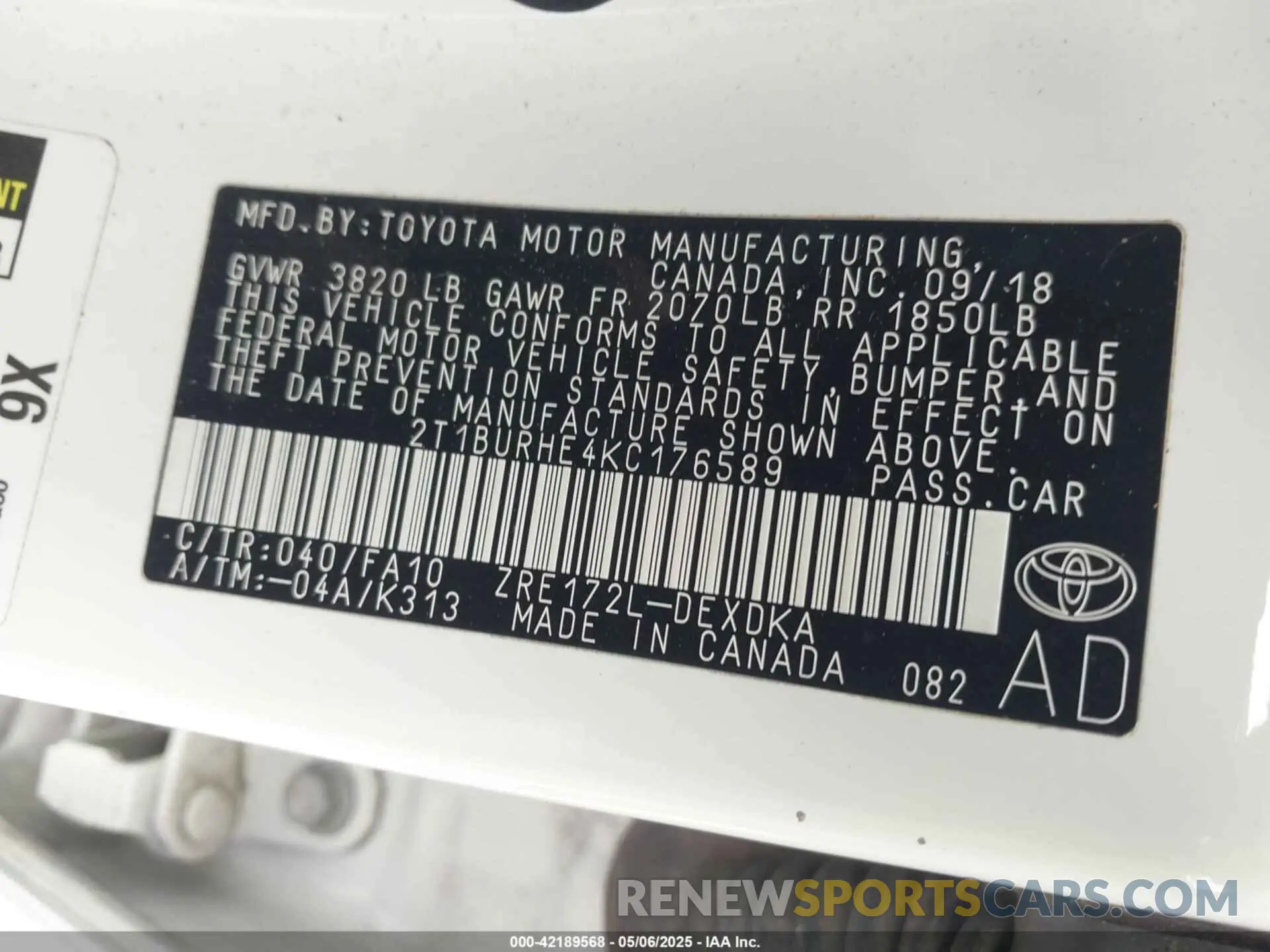 9 Photograph of a damaged car 2T1BURHE4KC176589 TOYOTA COROLLA 2019