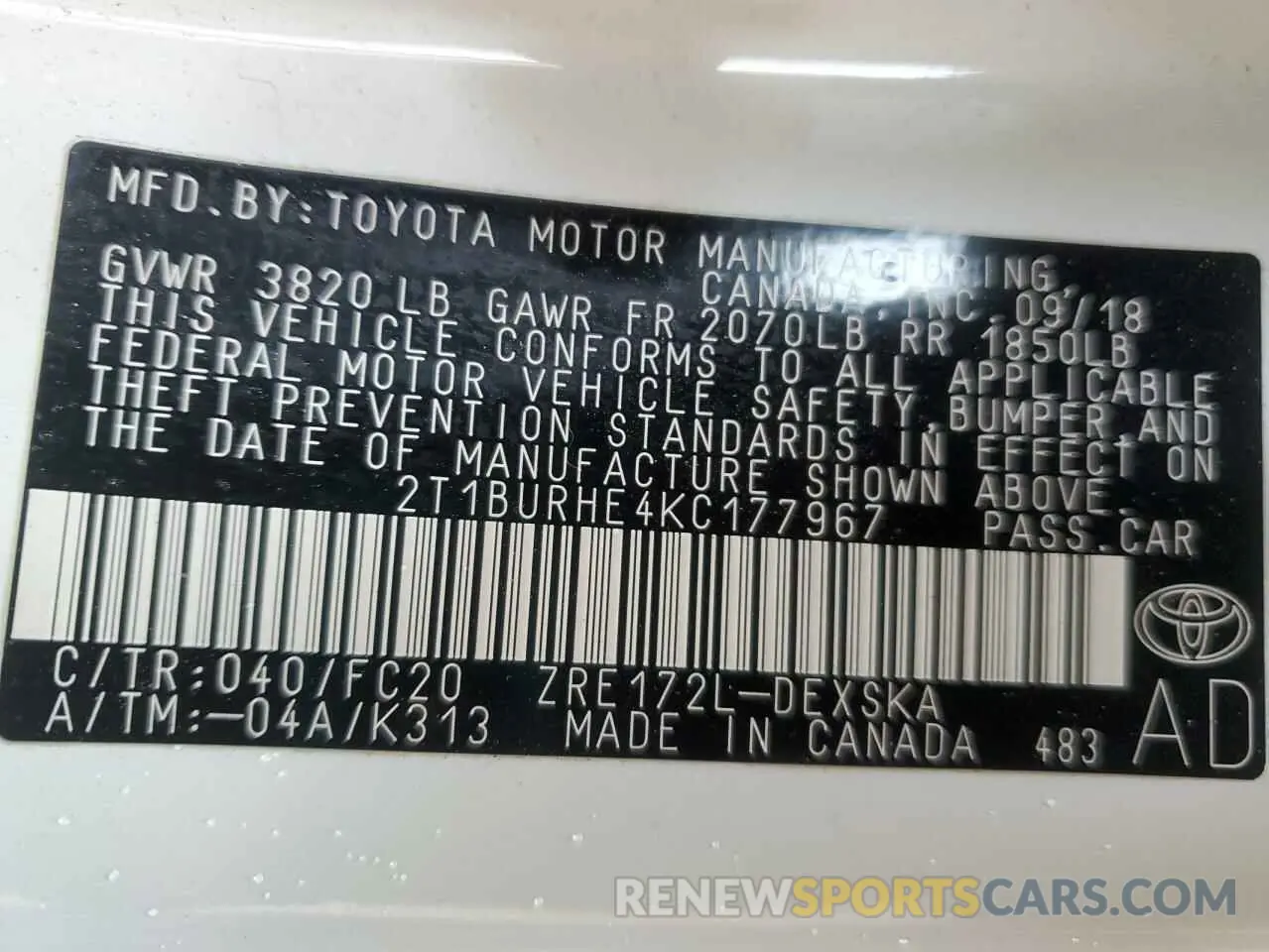 12 Photograph of a damaged car 2T1BURHE4KC177967 TOYOTA COROLLA 2019