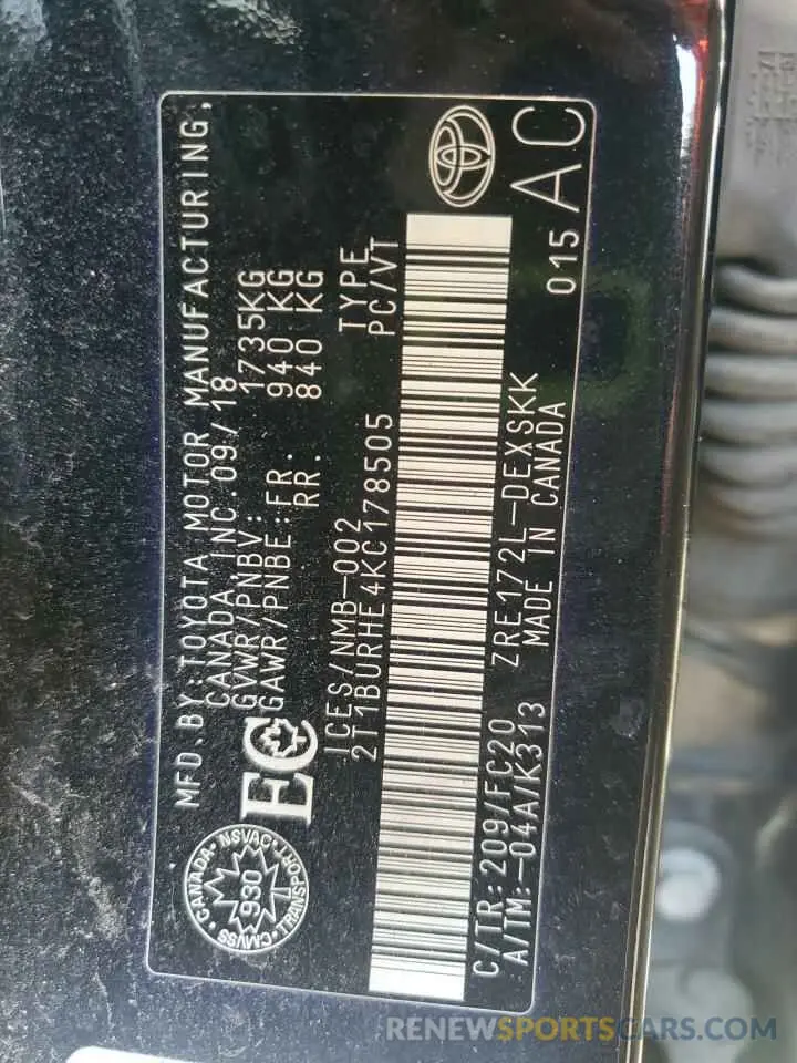 13 Photograph of a damaged car 2T1BURHE4KC178505 TOYOTA COROLLA 2019