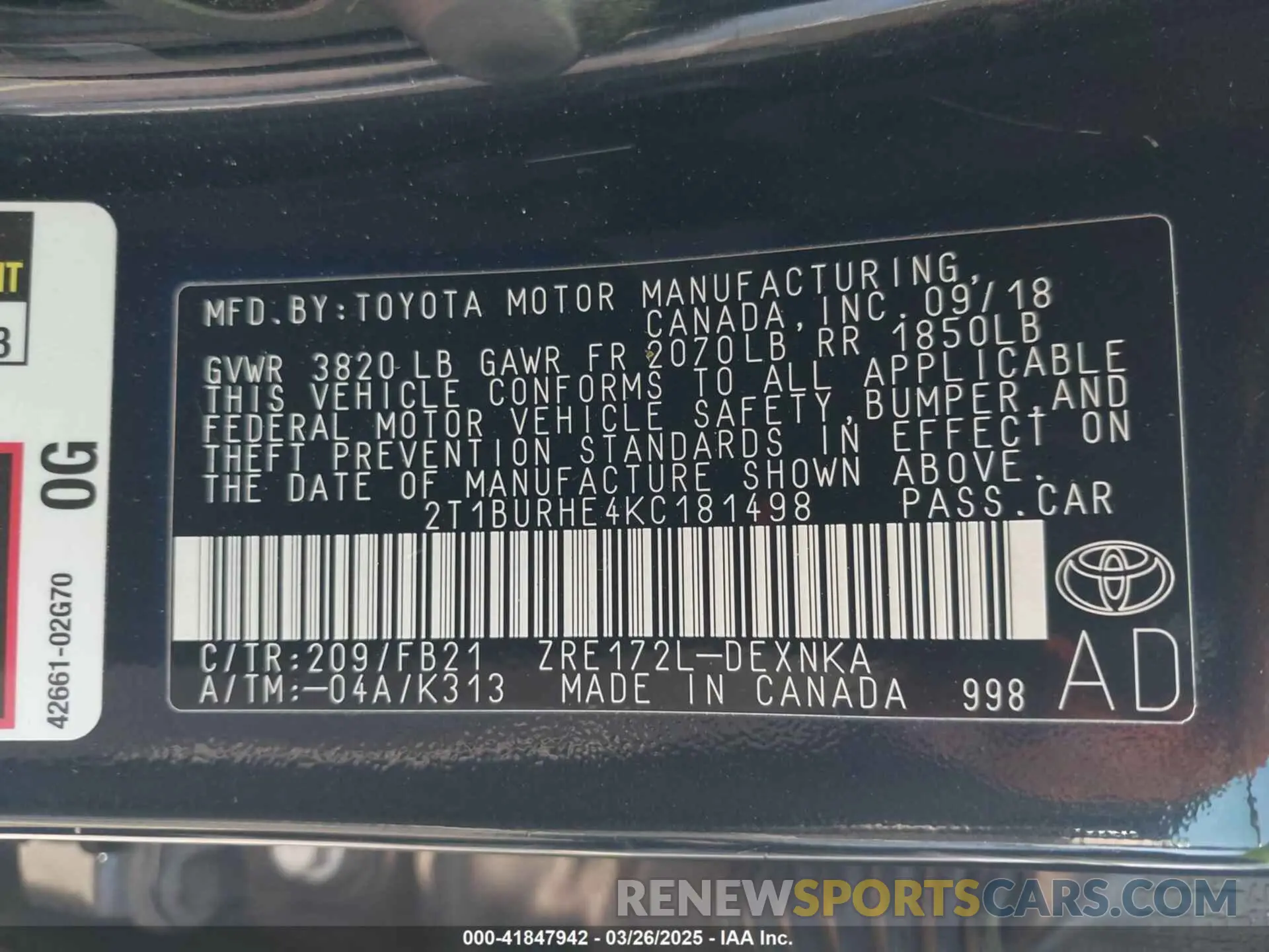 9 Photograph of a damaged car 2T1BURHE4KC181498 TOYOTA COROLLA 2019