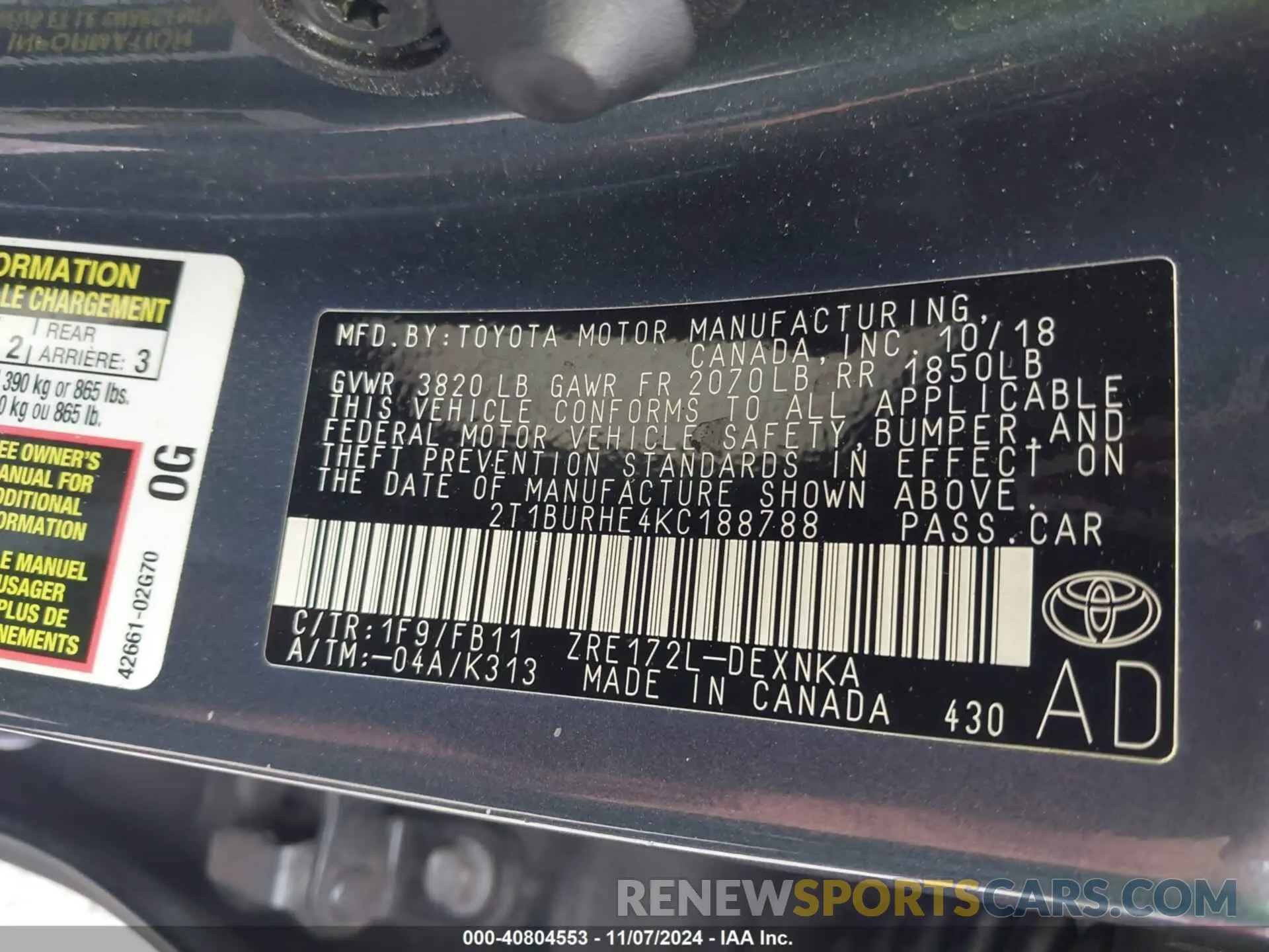 9 Photograph of a damaged car 2T1BURHE4KC188788 TOYOTA COROLLA 2019