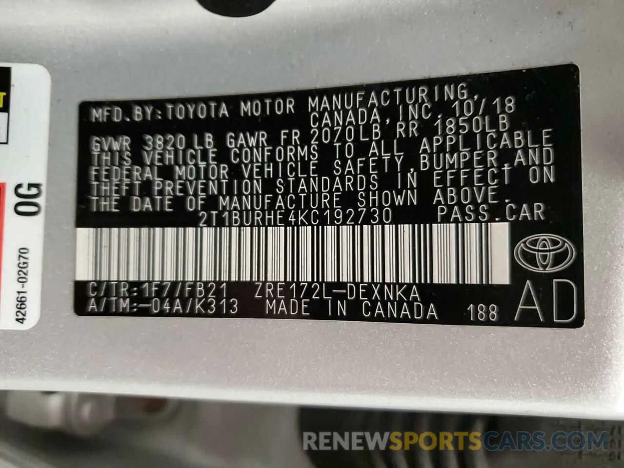 13 Photograph of a damaged car 2T1BURHE4KC192730 TOYOTA COROLLA 2019