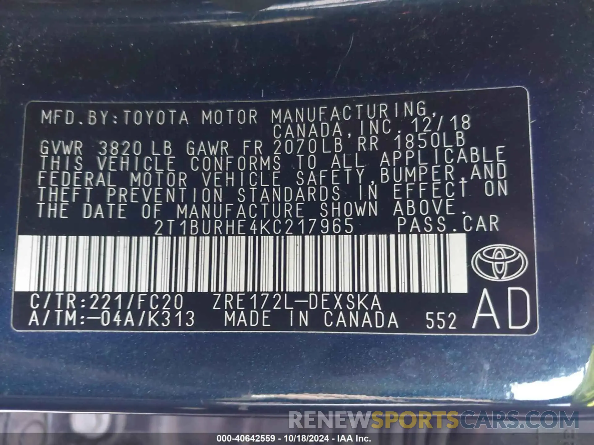 9 Photograph of a damaged car 2T1BURHE4KC217965 TOYOTA COROLLA 2019
