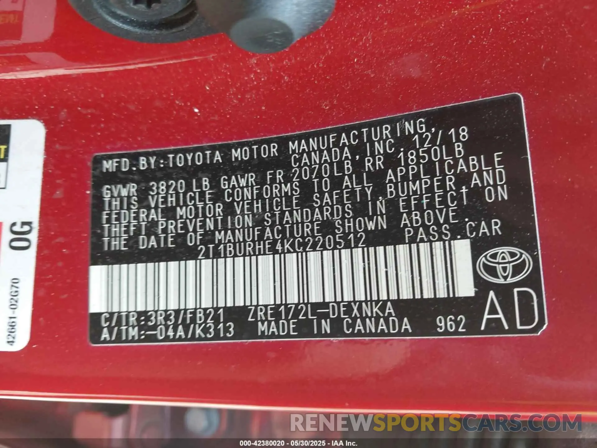 9 Photograph of a damaged car 2T1BURHE4KC220512 TOYOTA COROLLA 2019