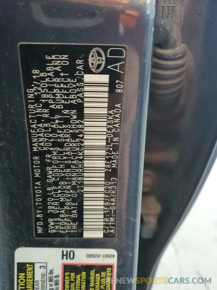 12 Photograph of a damaged car 2T1BURHE4KC224382 TOYOTA COROLLA 2019