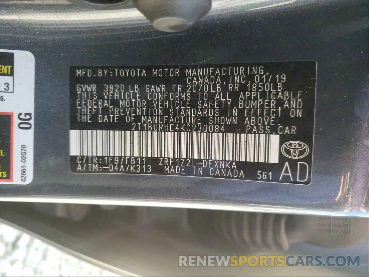 10 Photograph of a damaged car 2T1BURHE4KC230084 TOYOTA COROLLA 2019