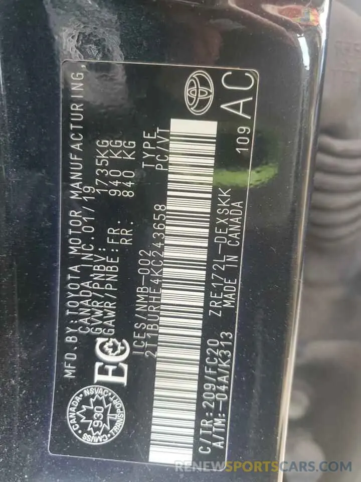 13 Photograph of a damaged car 2T1BURHE4KC243658 TOYOTA COROLLA 2019