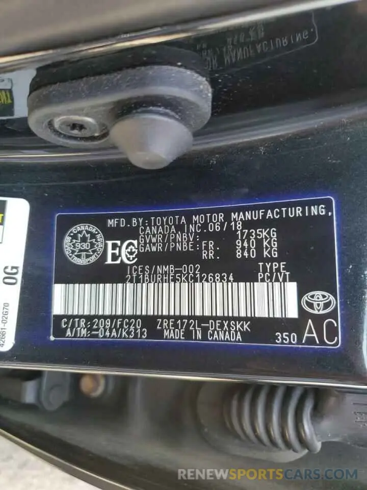 13 Photograph of a damaged car 2T1BURHE5KC126834 TOYOTA COROLLA 2019