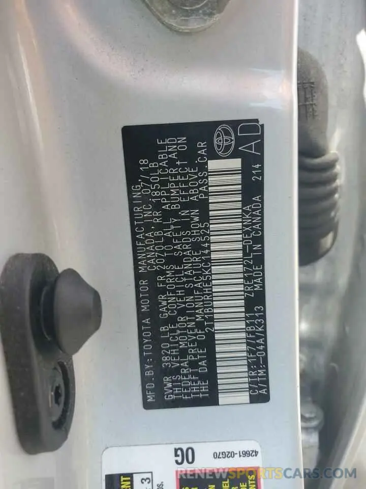 13 Photograph of a damaged car 2T1BURHE5KC144525 TOYOTA COROLLA 2019