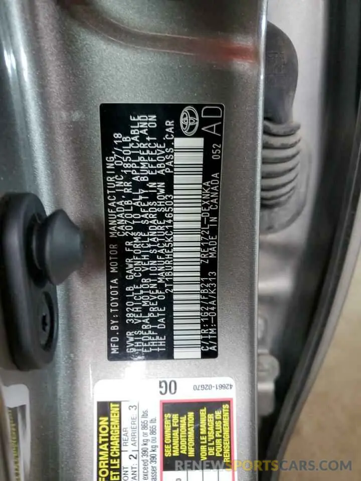 12 Photograph of a damaged car 2T1BURHE5KC146503 TOYOTA COROLLA 2019