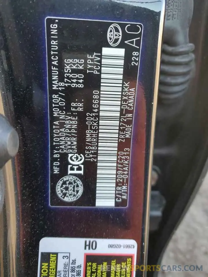 12 Photograph of a damaged car 2T1BURHE5KC146680 TOYOTA COROLLA 2019