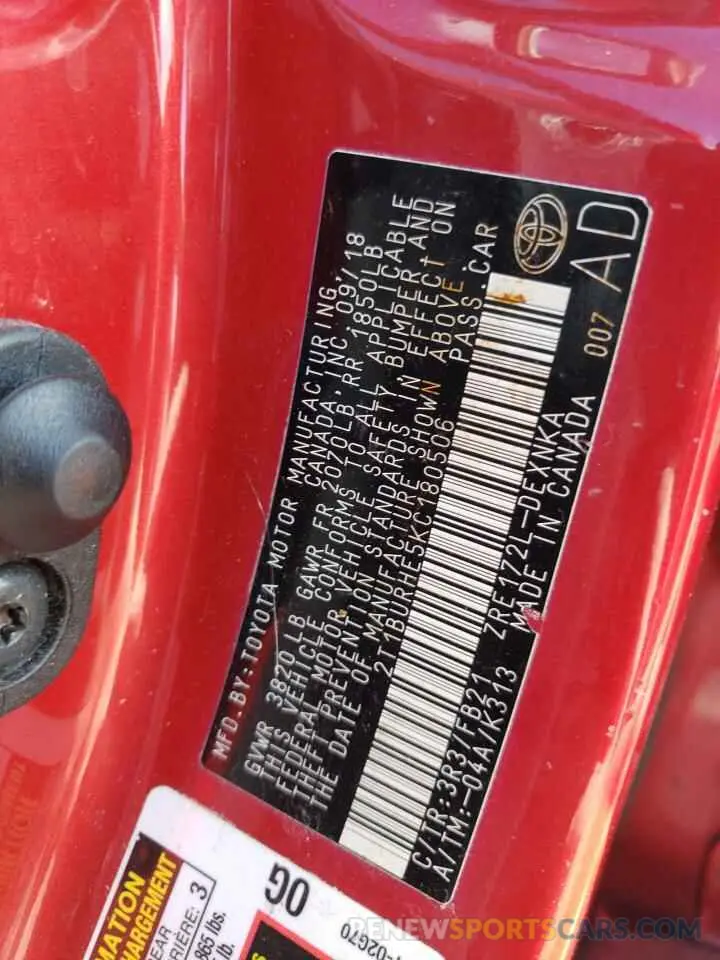 12 Photograph of a damaged car 2T1BURHE5KC180506 TOYOTA COROLLA 2019