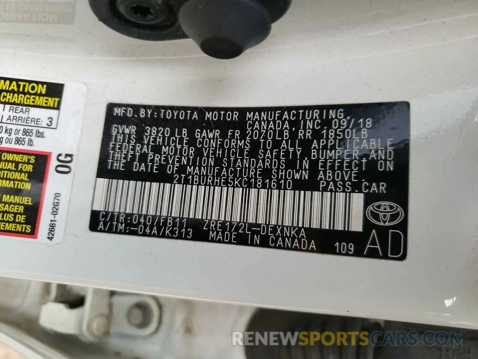 10 Photograph of a damaged car 2T1BURHE5KC181610 TOYOTA COROLLA 2019