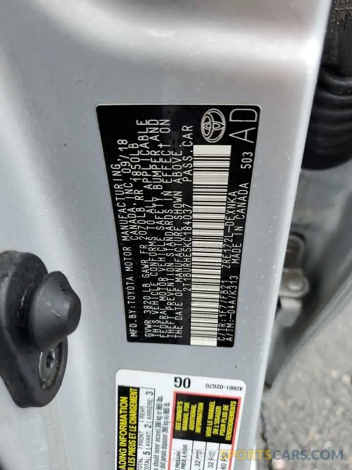 12 Photograph of a damaged car 2T1BURHE5KC184037 TOYOTA COROLLA 2019