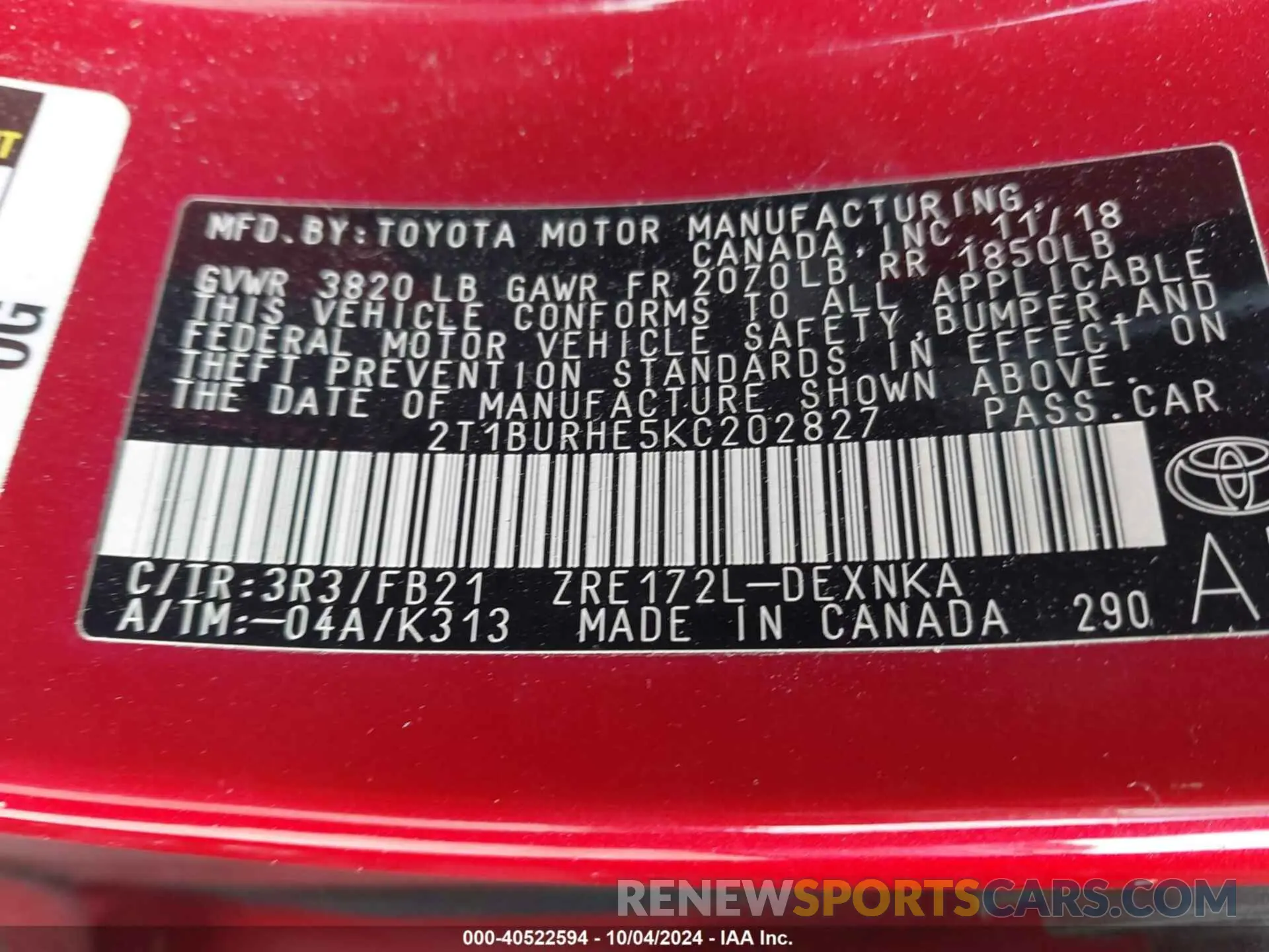 9 Photograph of a damaged car 2T1BURHE5KC202827 TOYOTA COROLLA 2019