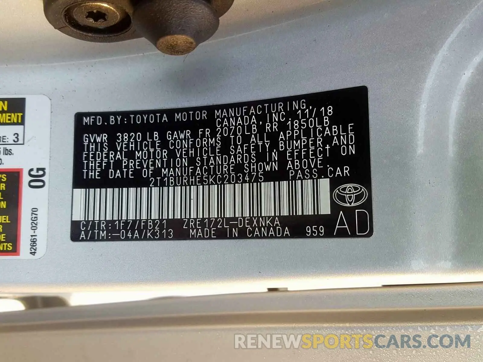 10 Photograph of a damaged car 2T1BURHE5KC203475 TOYOTA COROLLA 2019