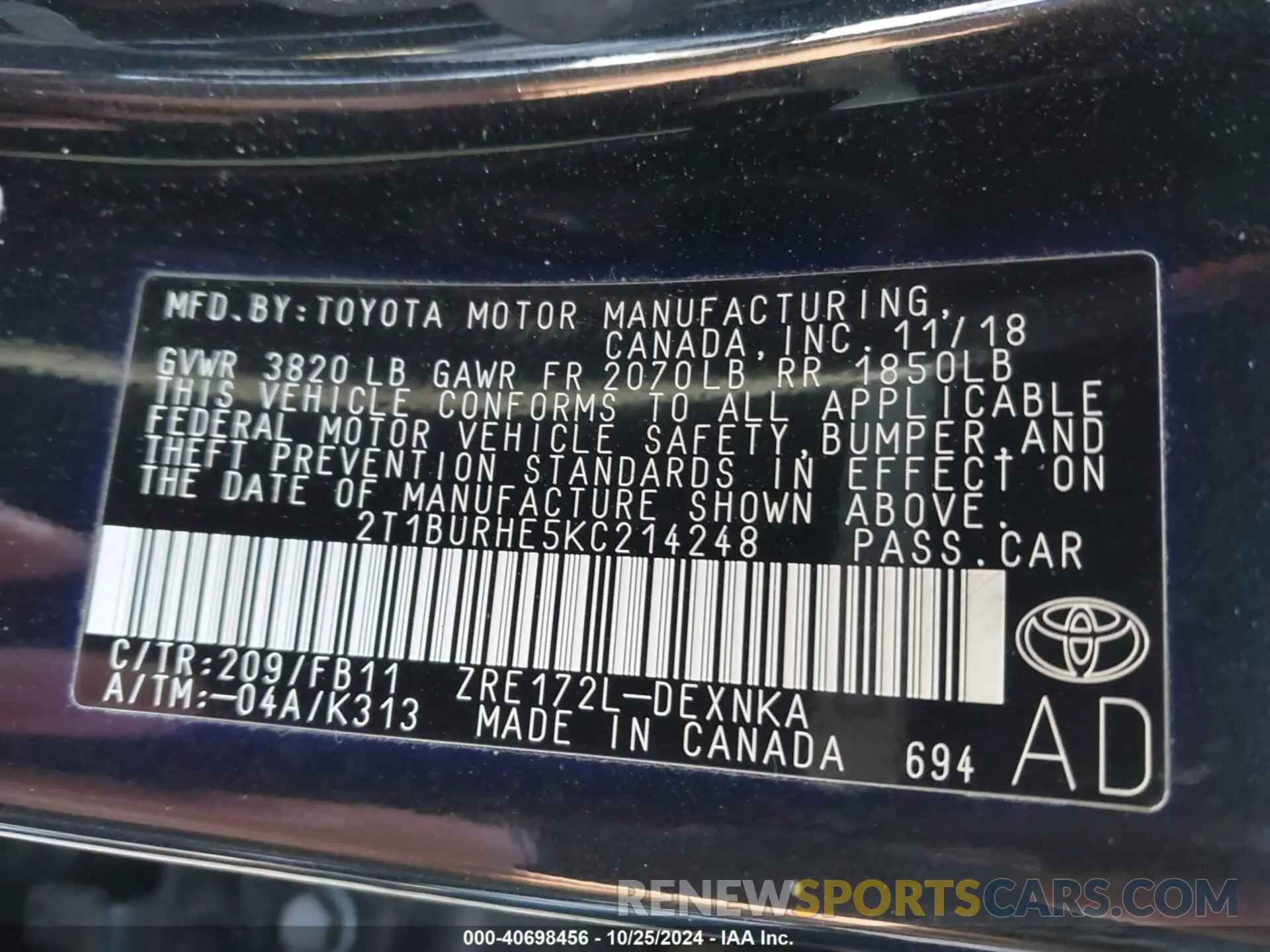 9 Photograph of a damaged car 2T1BURHE5KC214248 TOYOTA COROLLA 2019