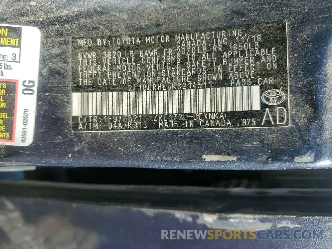 13 Photograph of a damaged car 2T1BURHE5KC214511 TOYOTA COROLLA 2019