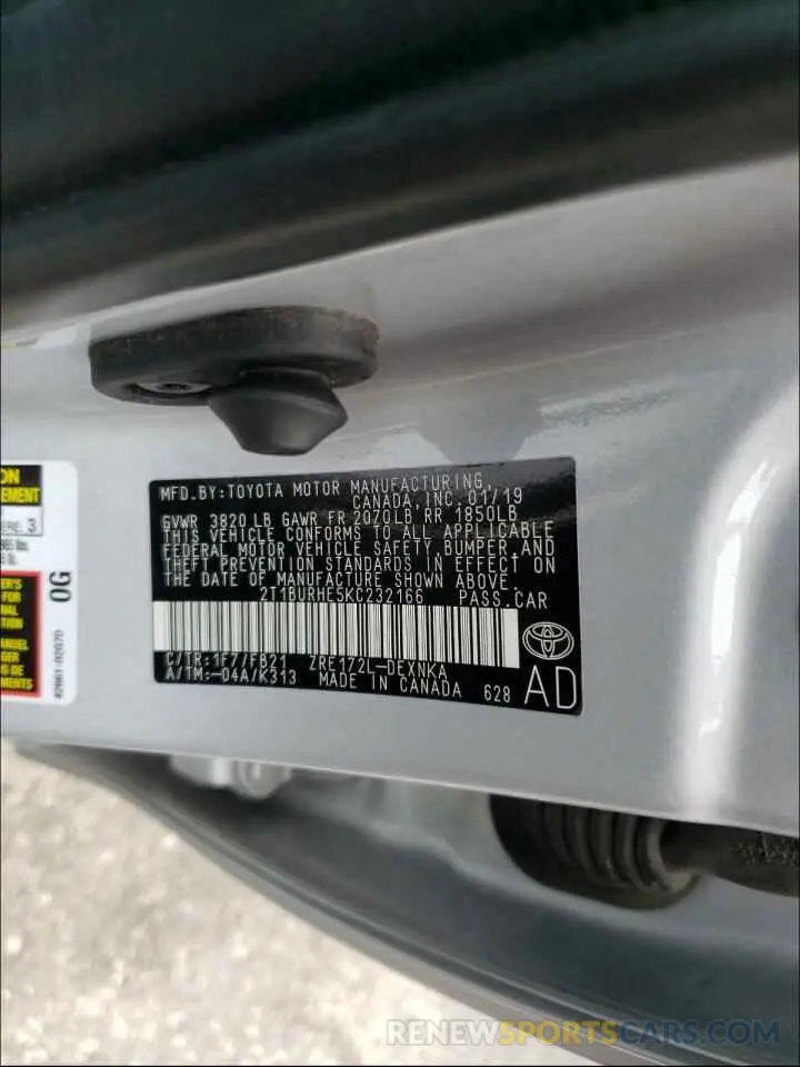 10 Photograph of a damaged car 2T1BURHE5KC232166 TOYOTA COROLLA 2019