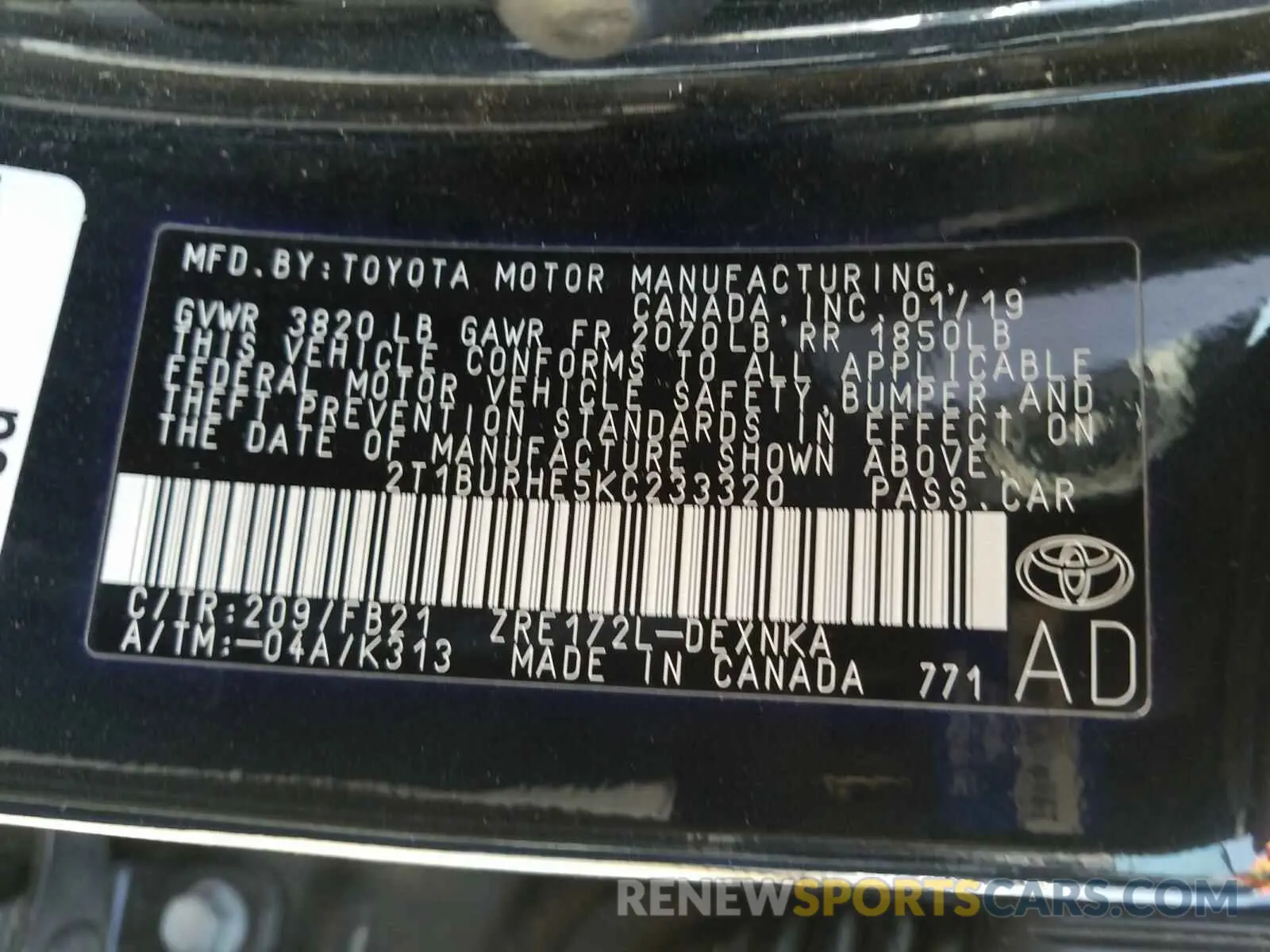 10 Photograph of a damaged car 2T1BURHE5KC233320 TOYOTA COROLLA 2019