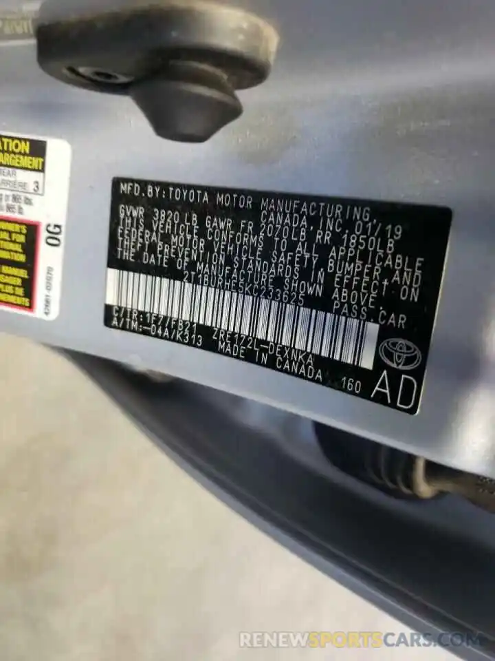 10 Photograph of a damaged car 2T1BURHE5KC233625 TOYOTA COROLLA 2019