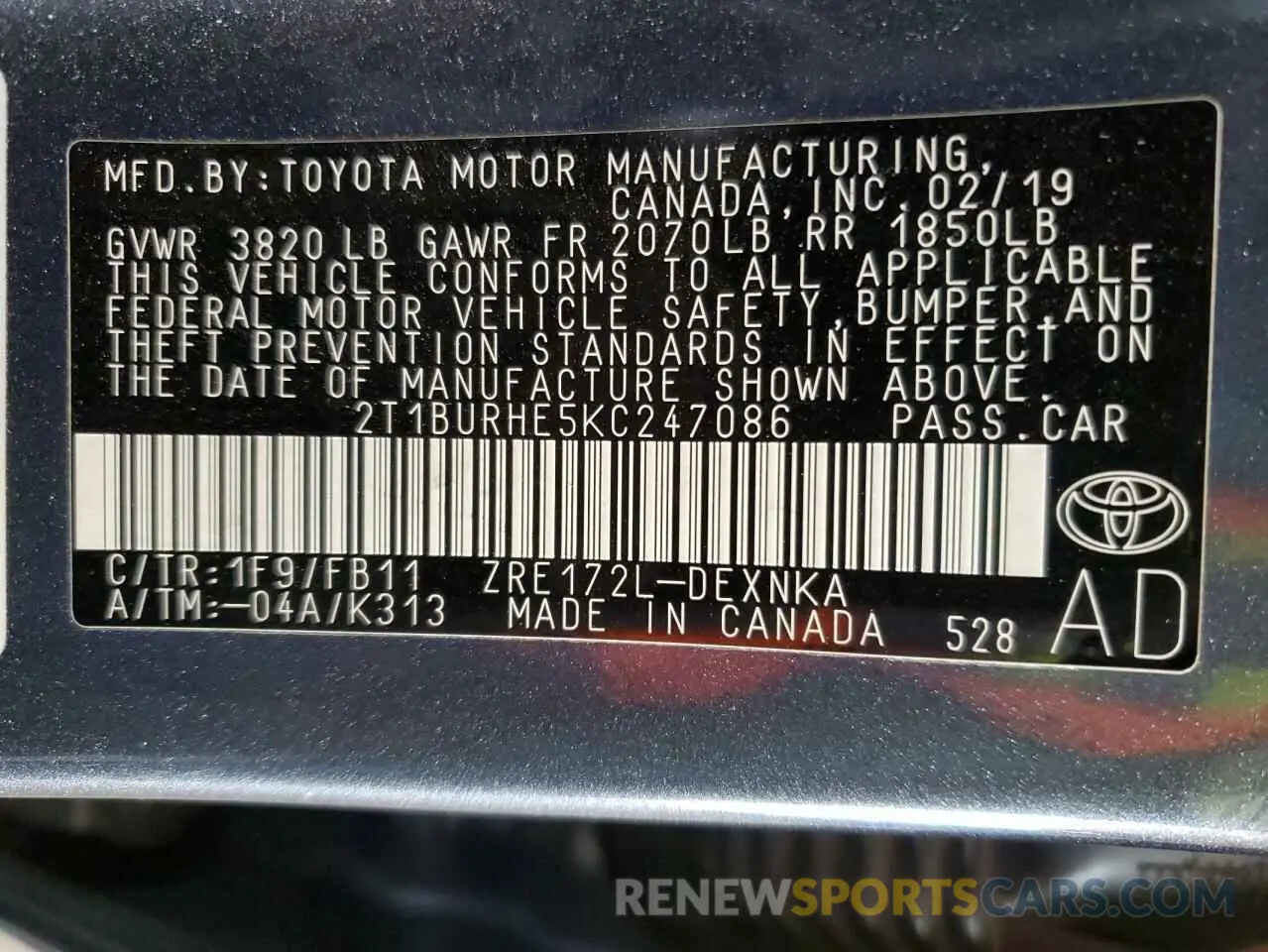 12 Photograph of a damaged car 2T1BURHE5KC247086 TOYOTA COROLLA 2019