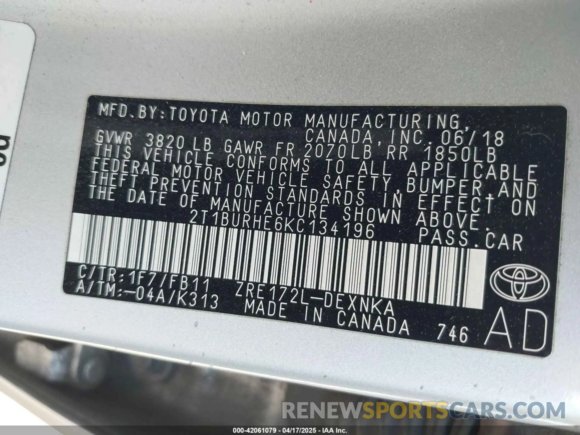9 Photograph of a damaged car 2T1BURHE6KC134196 TOYOTA COROLLA 2019