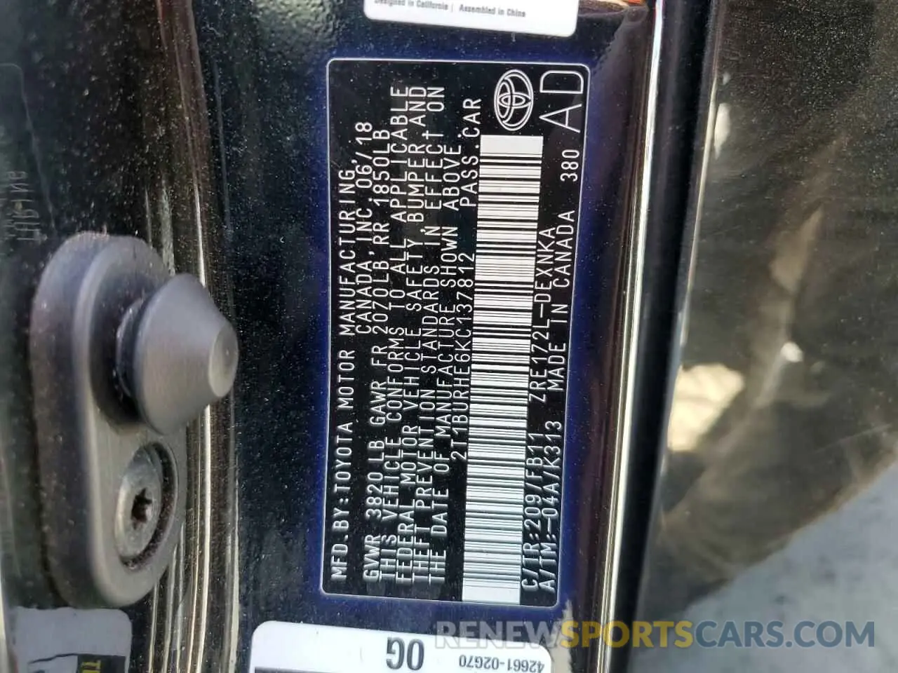 12 Photograph of a damaged car 2T1BURHE6KC137812 TOYOTA COROLLA 2019