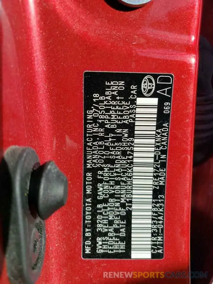 13 Photograph of a damaged car 2T1BURHE6KC147529 TOYOTA COROLLA 2019
