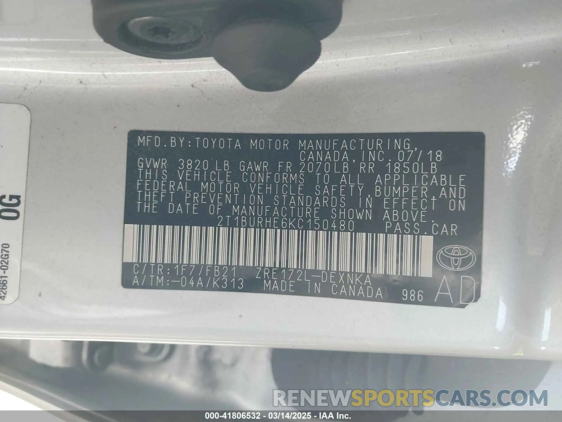 9 Photograph of a damaged car 2T1BURHE6KC150480 TOYOTA COROLLA 2019