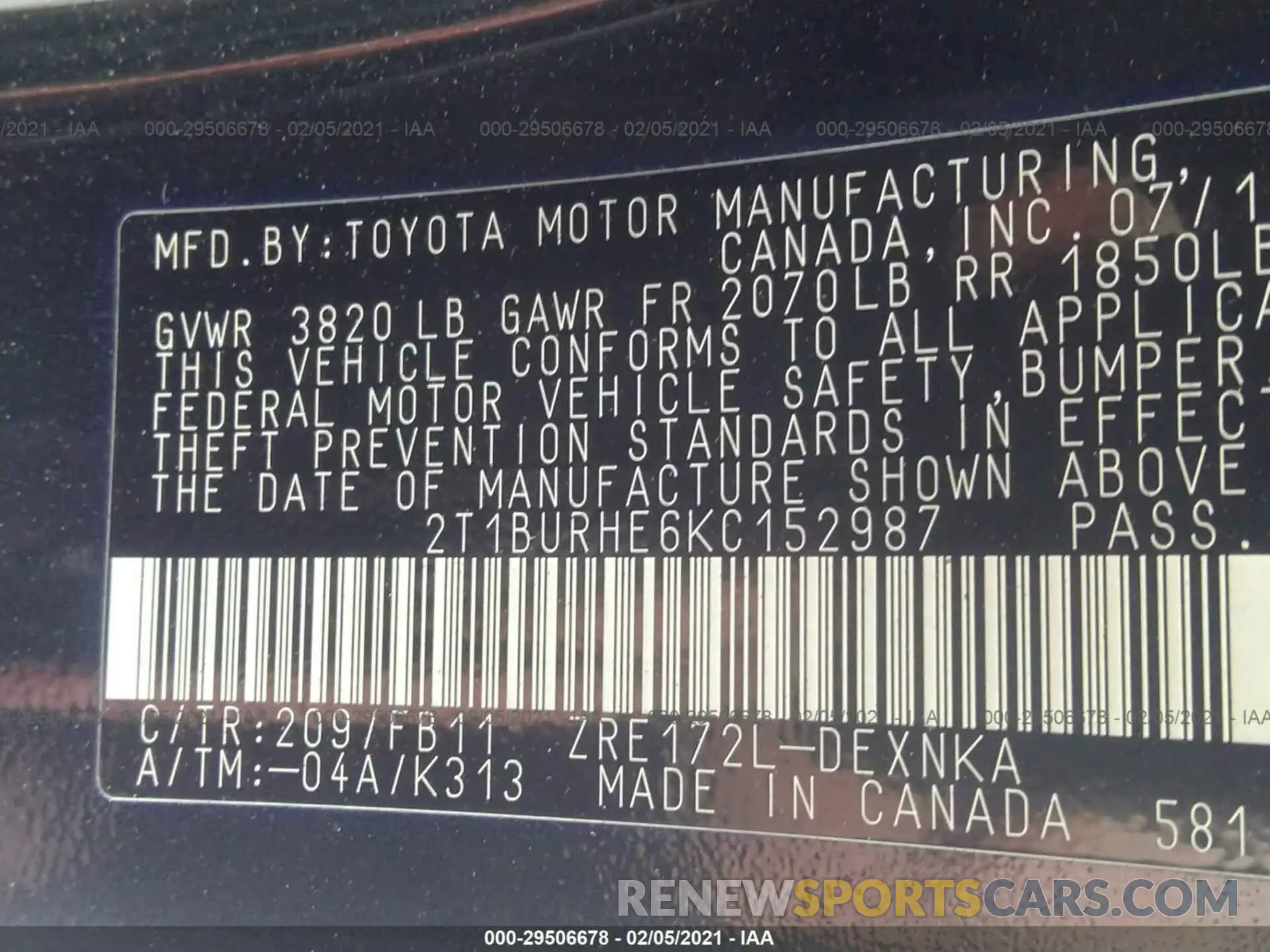9 Photograph of a damaged car 2T1BURHE6KC152987 TOYOTA COROLLA 2019