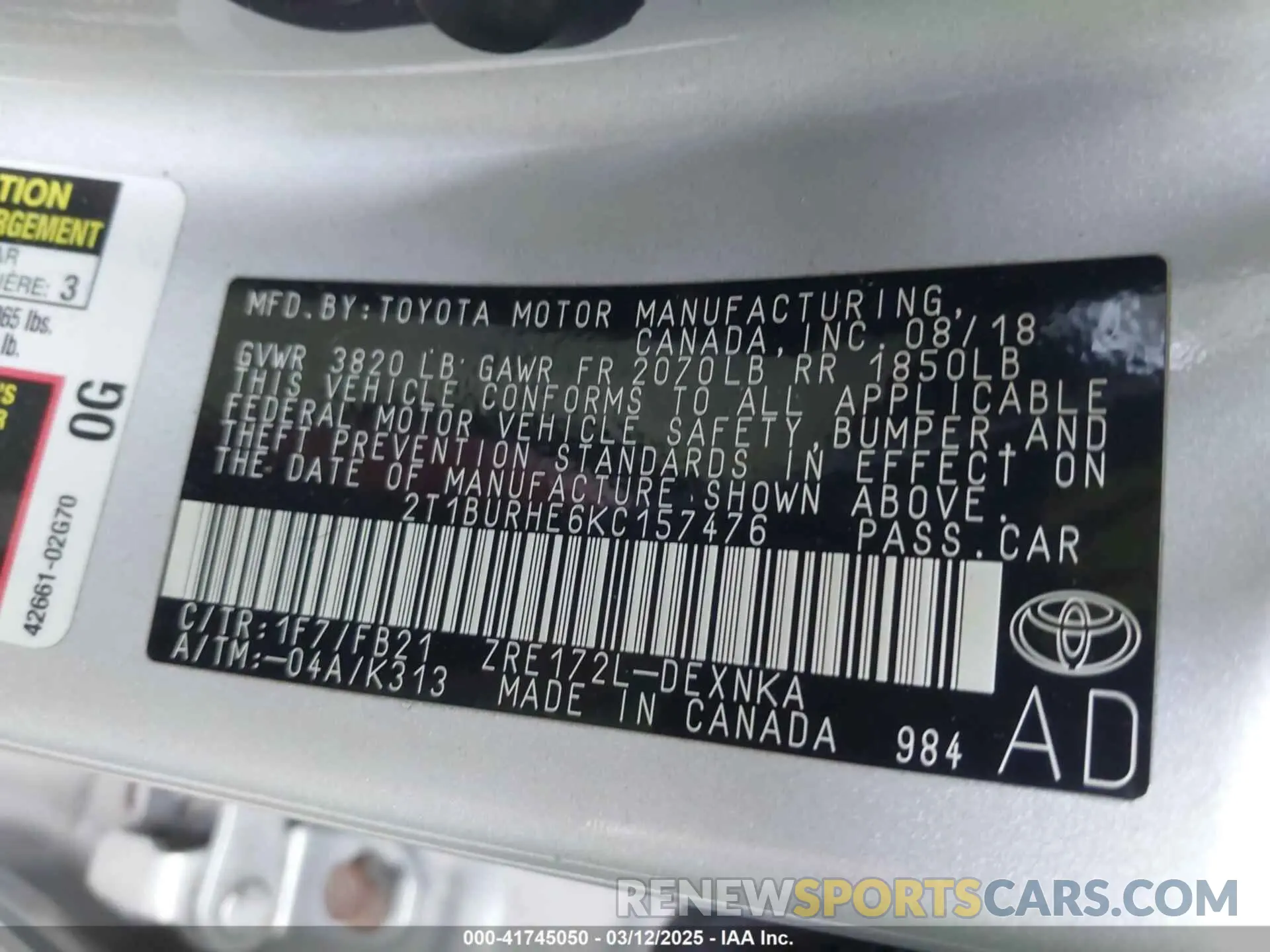 9 Photograph of a damaged car 2T1BURHE6KC157476 TOYOTA COROLLA 2019