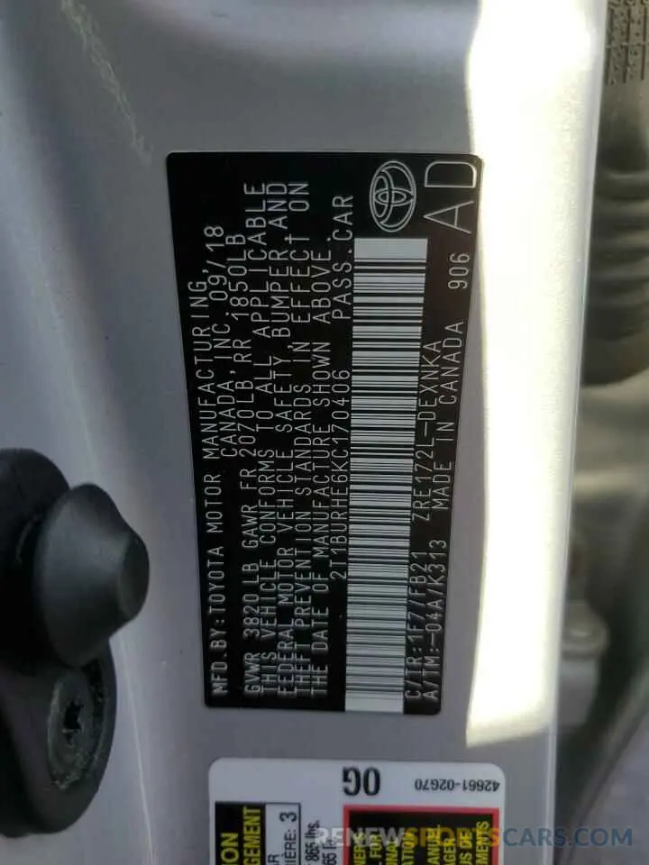 12 Photograph of a damaged car 2T1BURHE6KC170406 TOYOTA COROLLA 2019