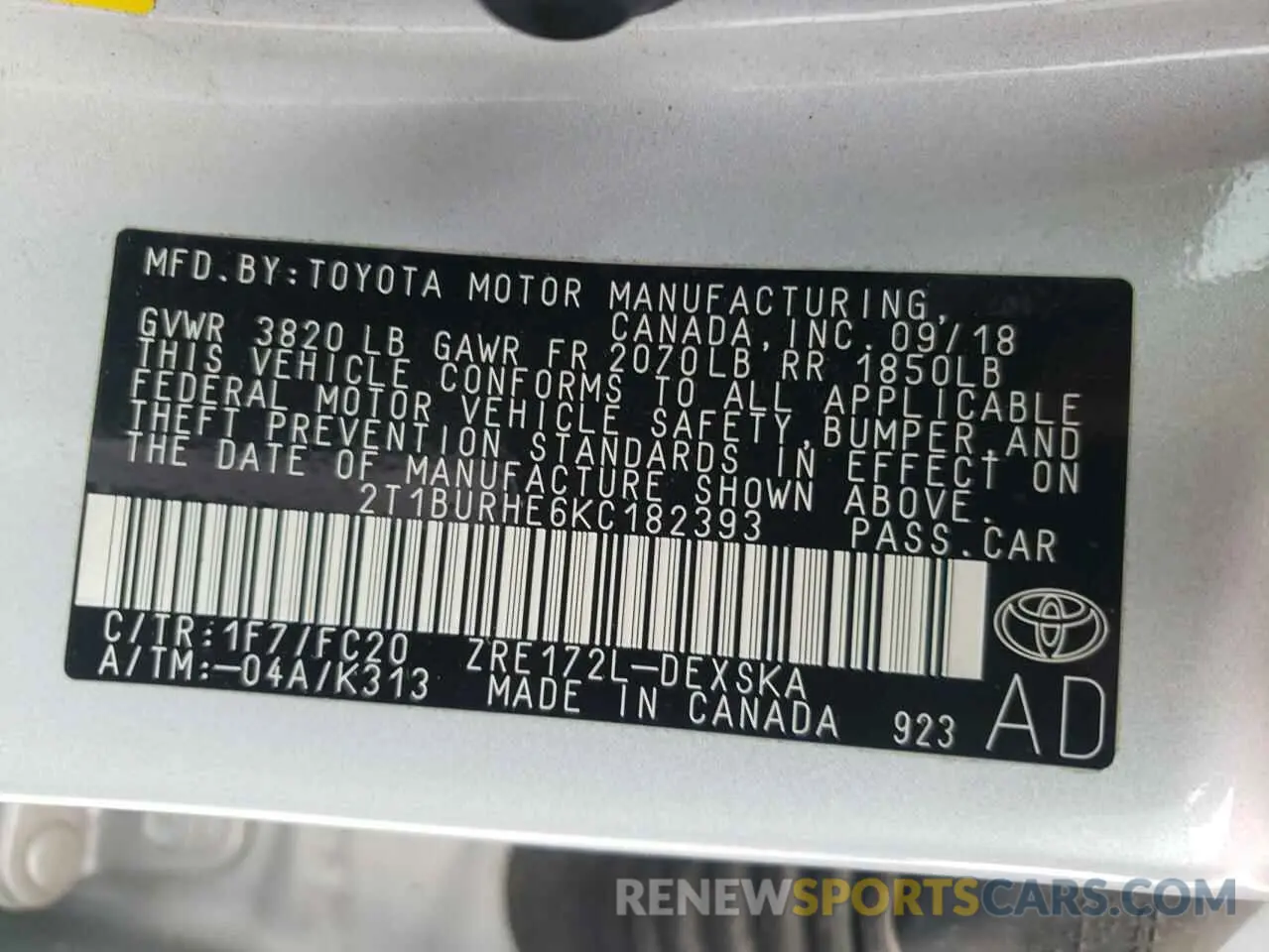 10 Photograph of a damaged car 2T1BURHE6KC182393 TOYOTA COROLLA 2019