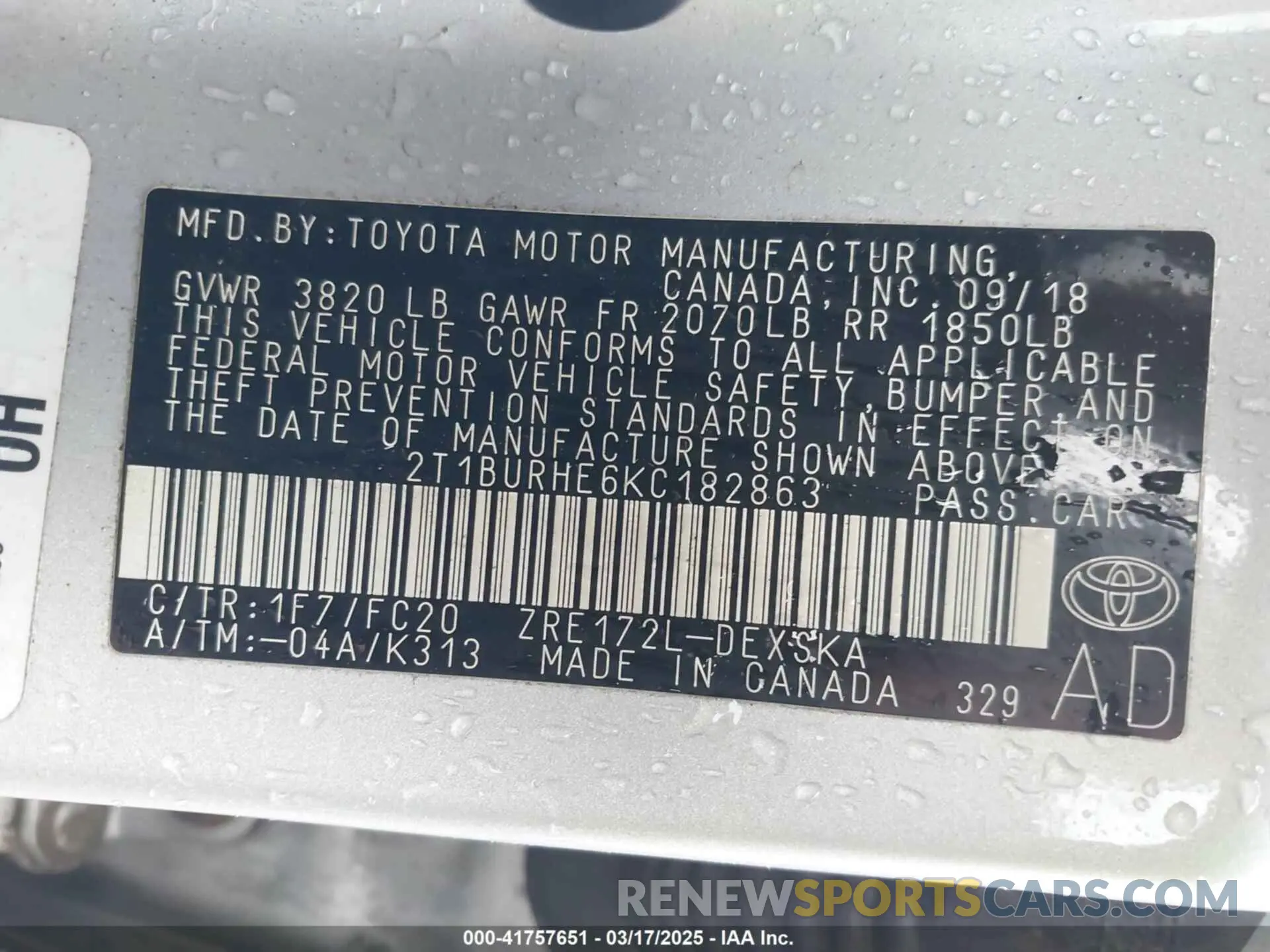 9 Photograph of a damaged car 2T1BURHE6KC182863 TOYOTA COROLLA 2019