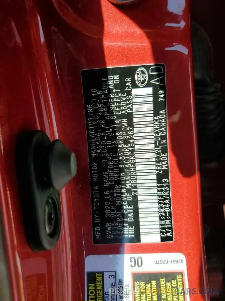 12 Photograph of a damaged car 2T1BURHE6KC194267 TOYOTA COROLLA 2019