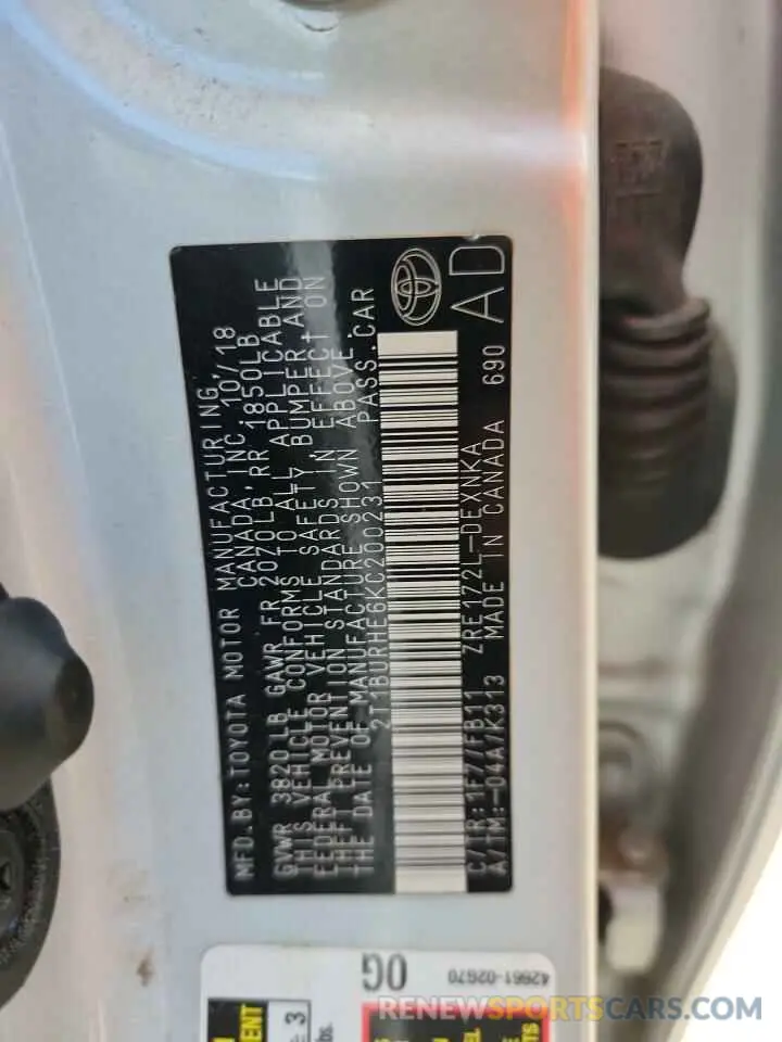 12 Photograph of a damaged car 2T1BURHE6KC200231 TOYOTA COROLLA 2019
