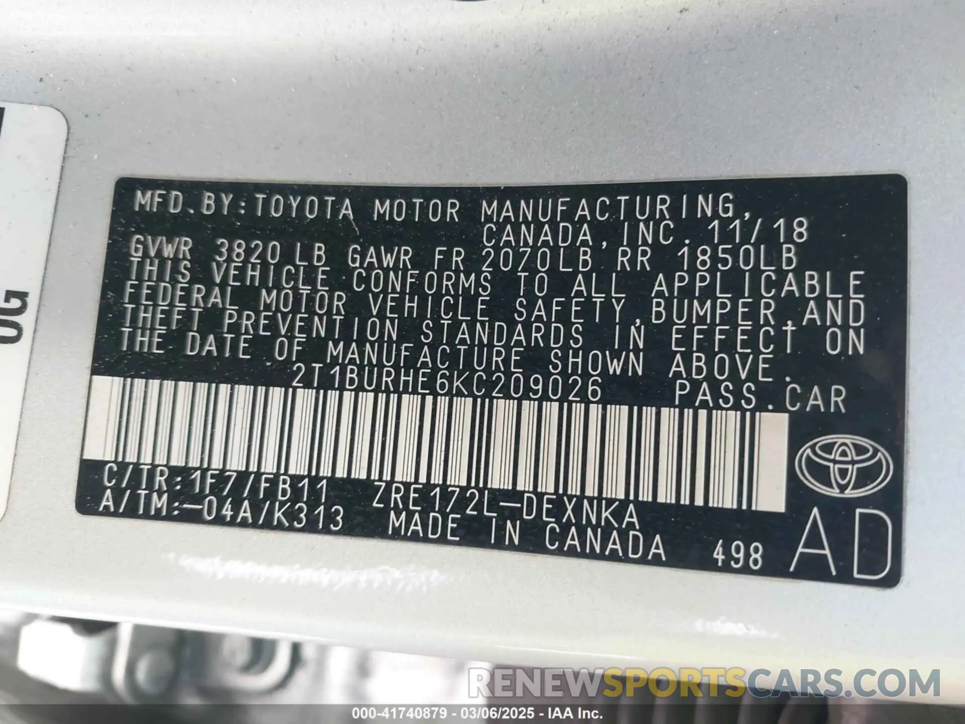 9 Photograph of a damaged car 2T1BURHE6KC209026 TOYOTA COROLLA 2019