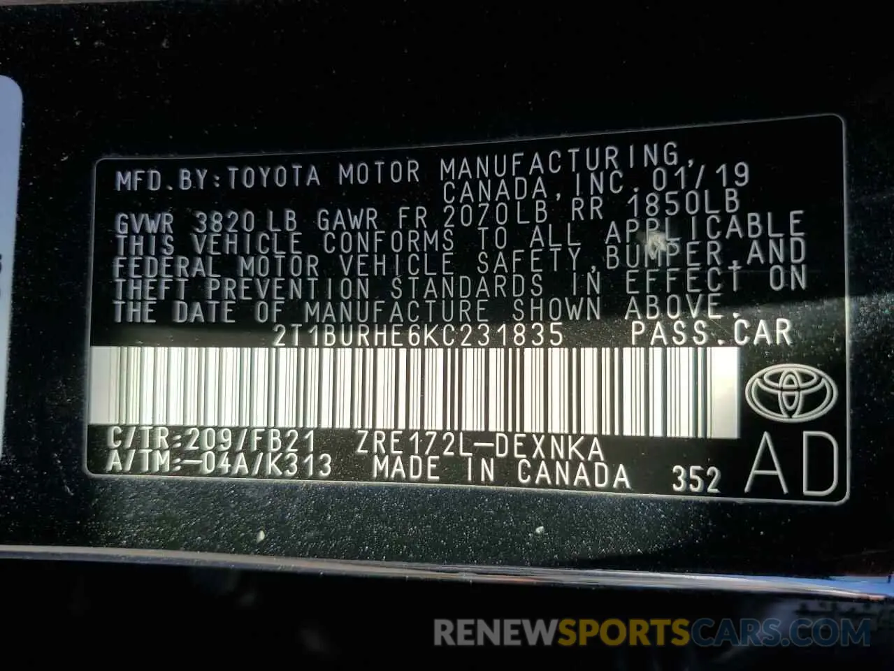 12 Photograph of a damaged car 2T1BURHE6KC231835 TOYOTA COROLLA 2019