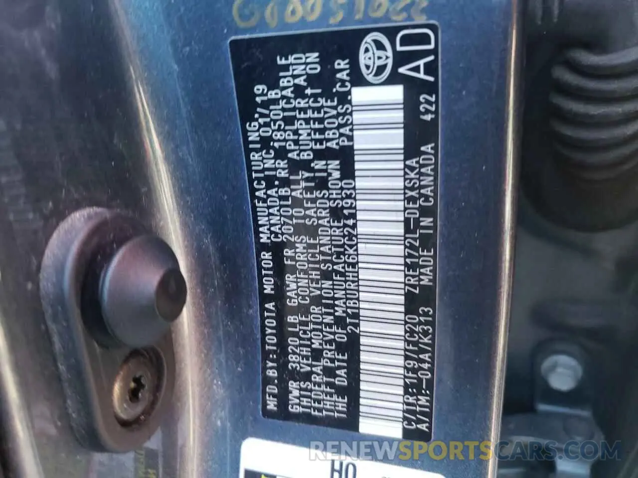 10 Photograph of a damaged car 2T1BURHE6KC241930 TOYOTA COROLLA 2019