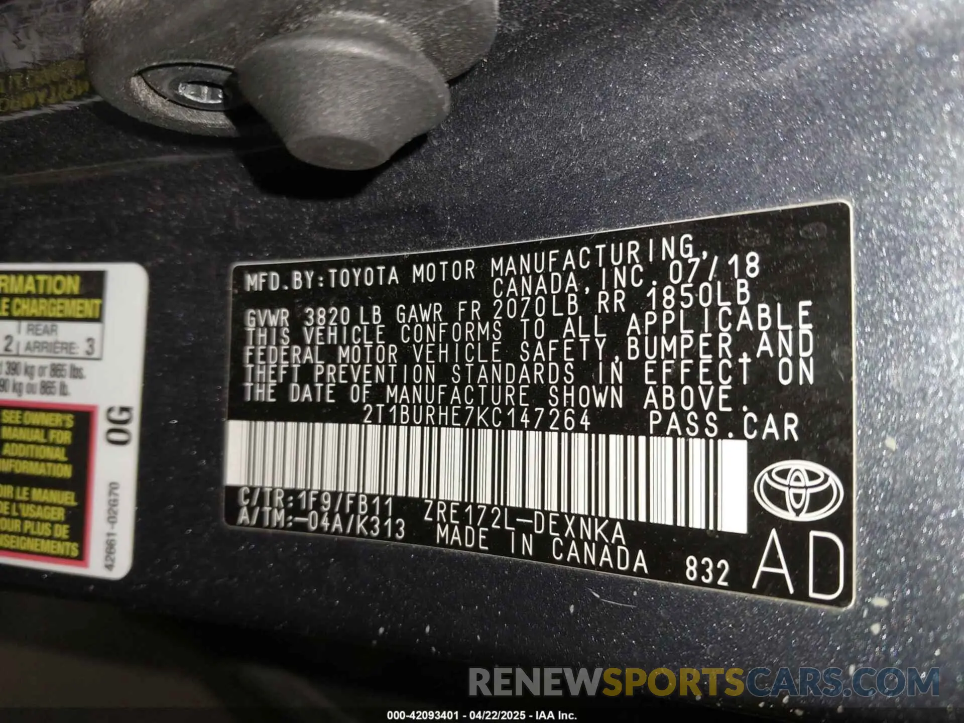 9 Photograph of a damaged car 2T1BURHE7KC147264 TOYOTA COROLLA 2019