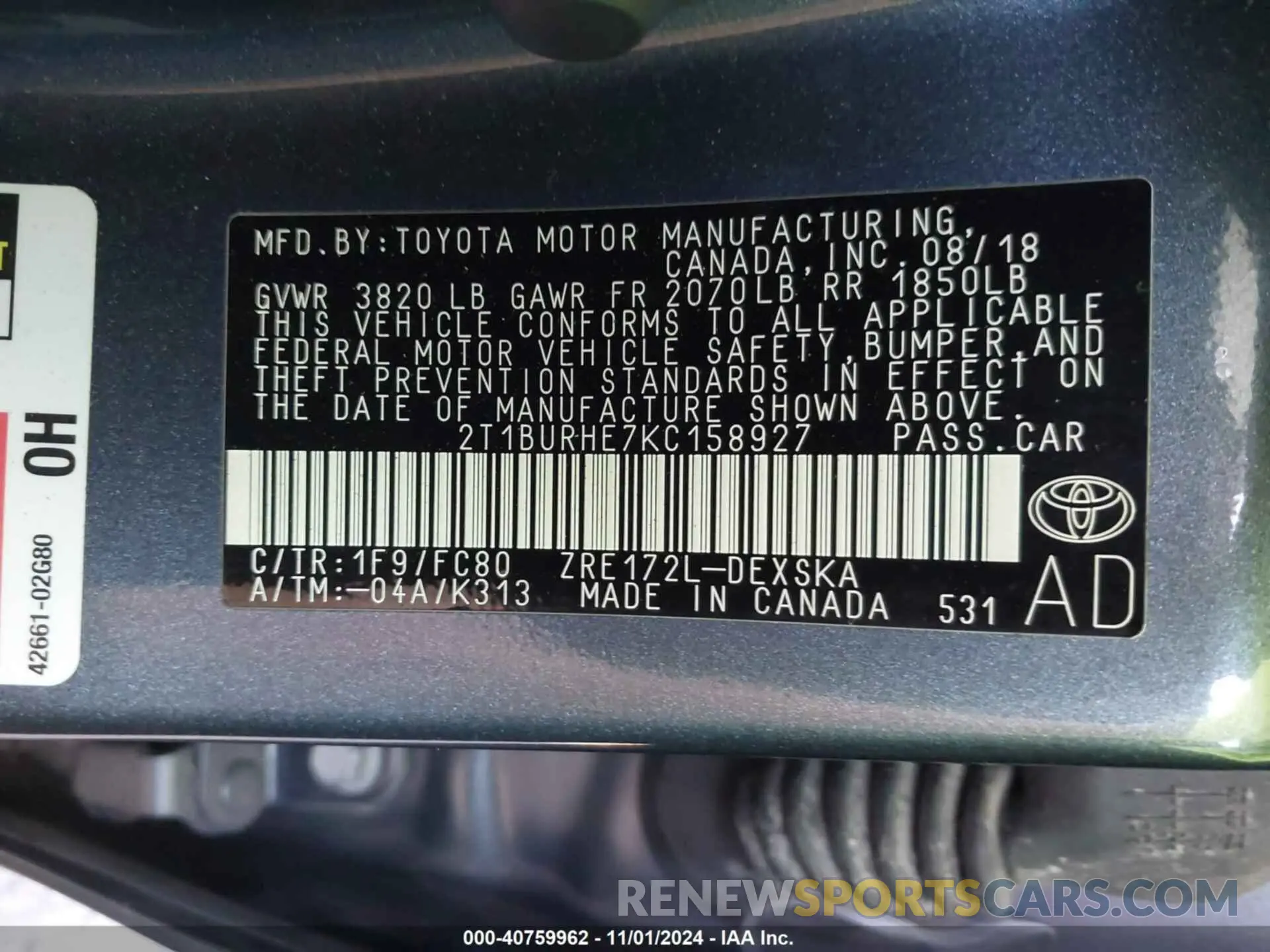 9 Photograph of a damaged car 2T1BURHE7KC158927 TOYOTA COROLLA 2019