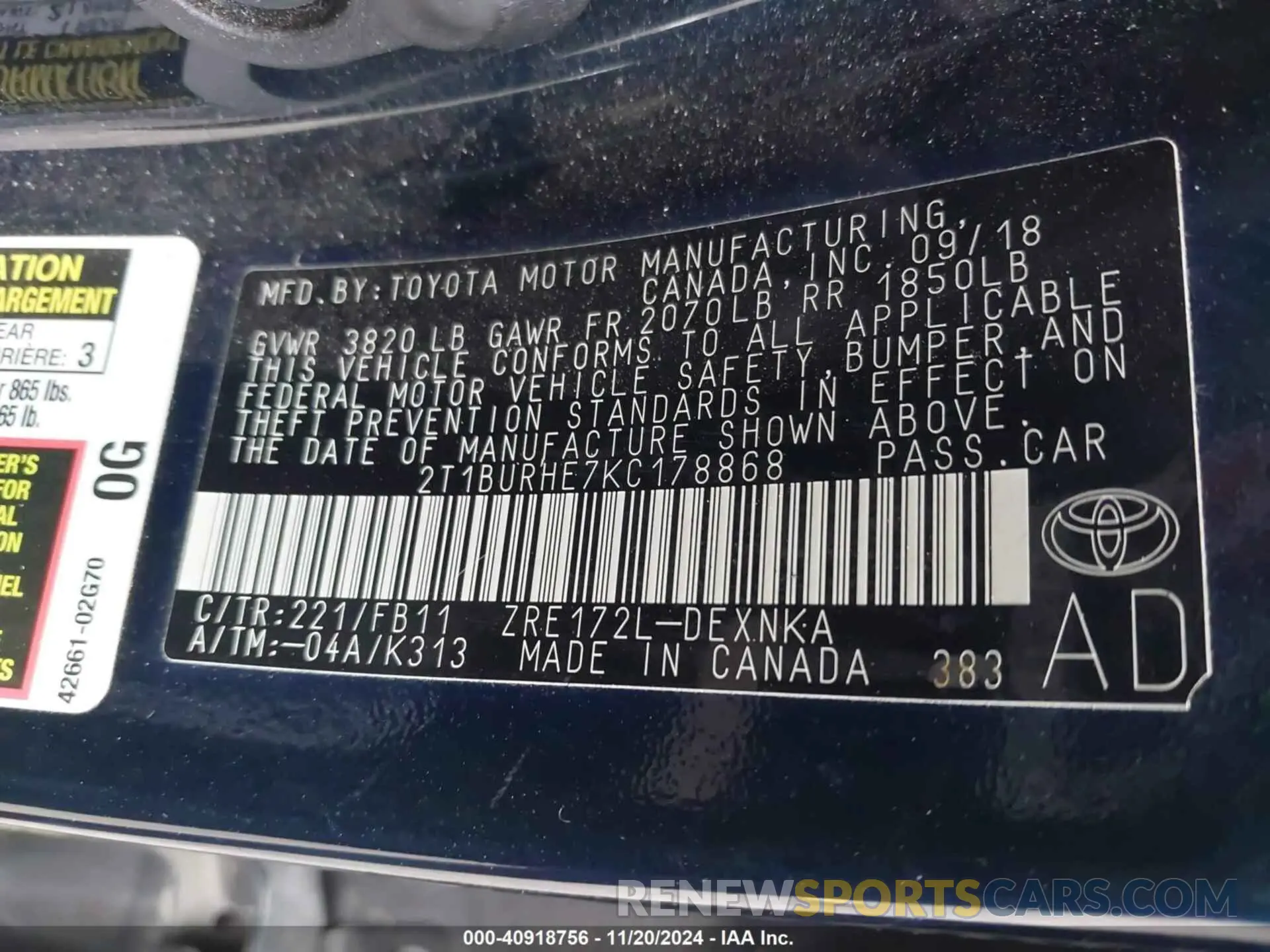 9 Photograph of a damaged car 2T1BURHE7KC178868 TOYOTA COROLLA 2019