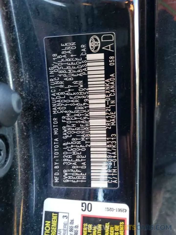 12 Photograph of a damaged car 2T1BURHE7KC179552 TOYOTA COROLLA 2019